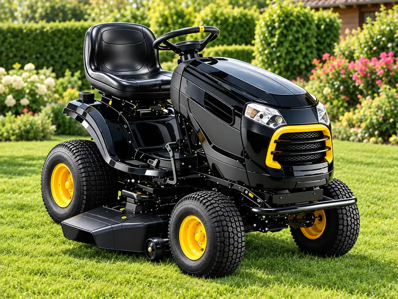 Tracteur tondeuse noir aux jantes jaunes sur une pelouse (photo d’illustration)
